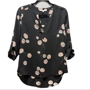 Daniel Rainn Black Koda Split Neck Blouse Floral Popover Roll Tab Sleeves EUC